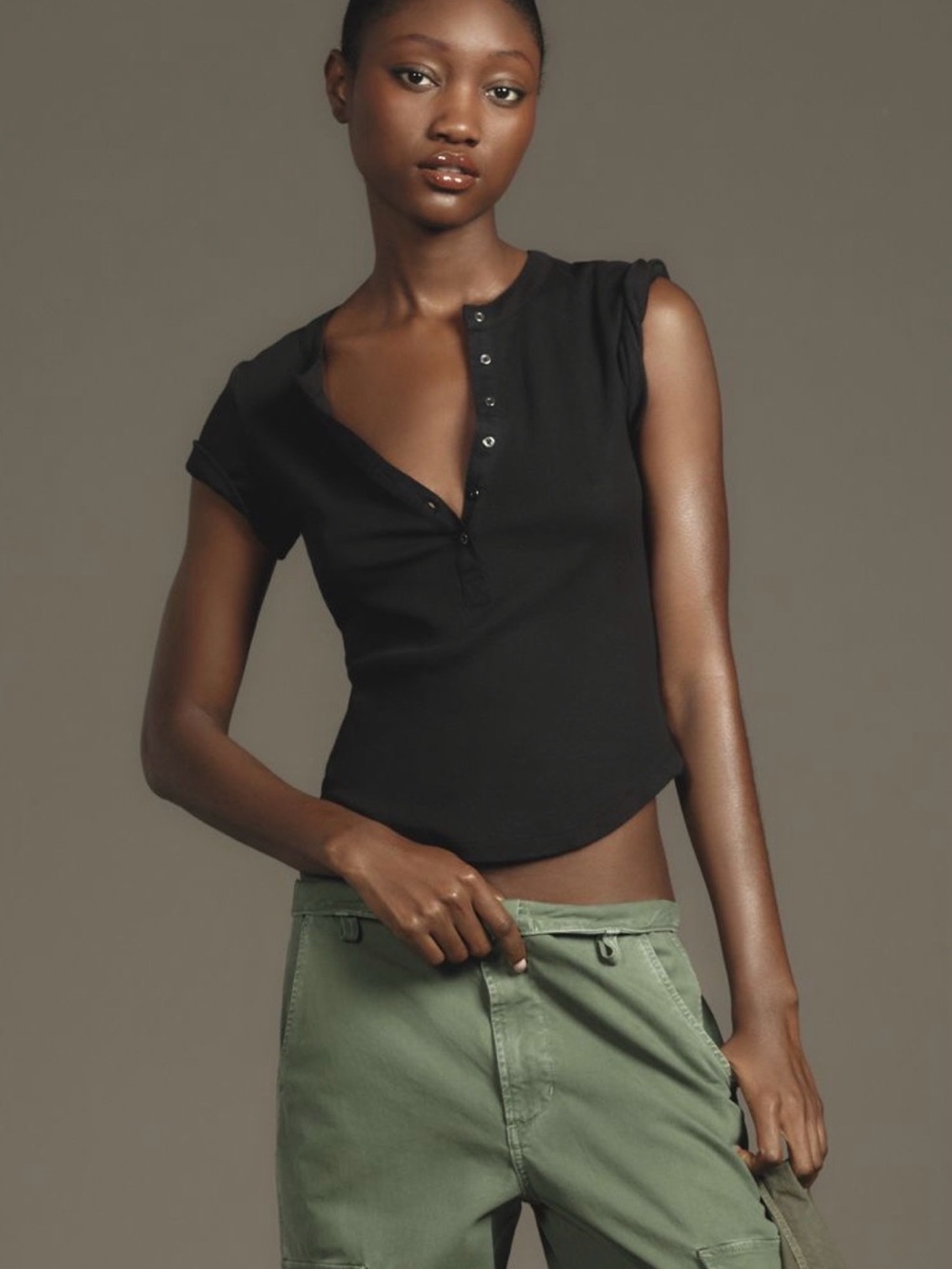 Pilcro Andie Scoop-Neck Ribbed Henley Top Black